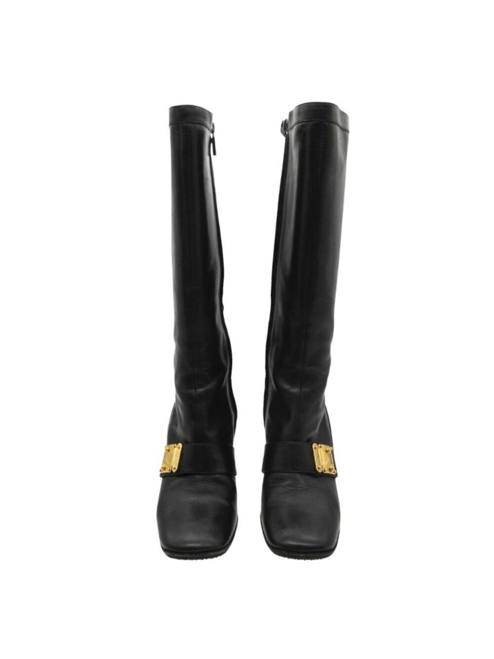 Louis Vuitton Boots Gold Buckle Leather Long Shoes Chunky Heels Side Zip Black - Picture 3 of 10
